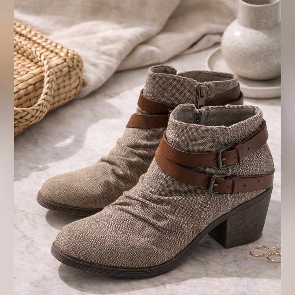 Blowfish Malibu Canvas Ankle Boots Brown Strap Buckle Size 8.5 Women’s